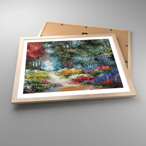 Plakat i ramme af lyst egetræ - Skovhave, blomsterskov - 50x40 cm