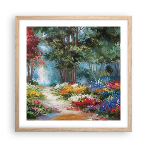 Plakat i ramme af lyst egetræ - Skovhave, blomsterskov - 50x50 cm