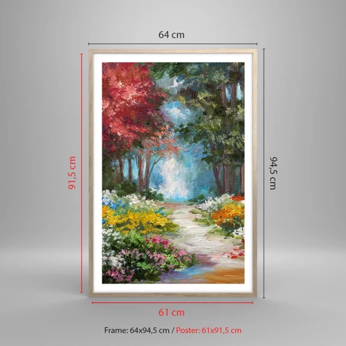 Plakat i ramme af lyst egetræ - Skovhave, blomsterskov - 61x91 cm