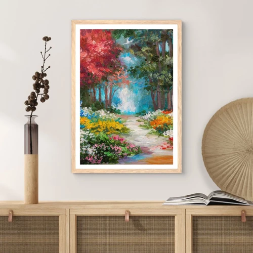 Plakat i ramme af lyst egetræ - Skovhave, blomsterskov - 61x91 cm