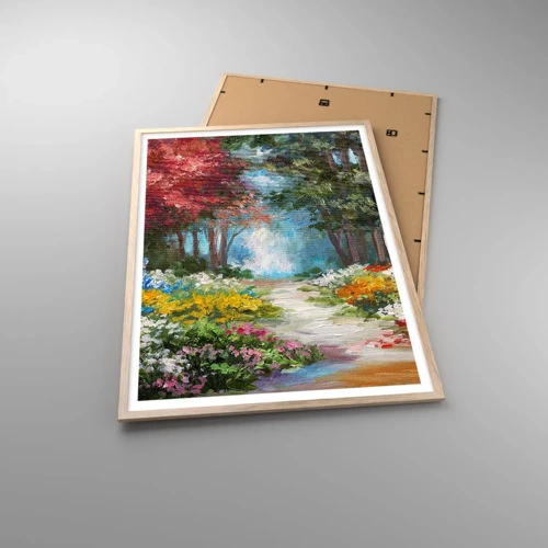 Plakat i ramme af lyst egetræ - Skovhave, blomsterskov - 70x100 cm