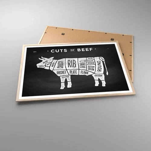 Plakat i ramme af lyst egetræ - Slagterens grundbog - 100x70 cm