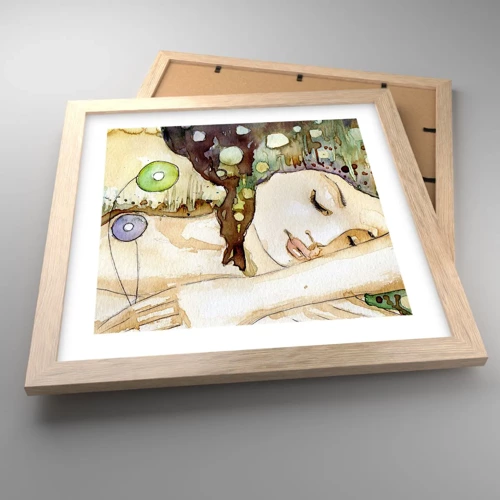 Plakat i ramme af lyst egetræ - Smaragd-violet drøm - 30x30 cm