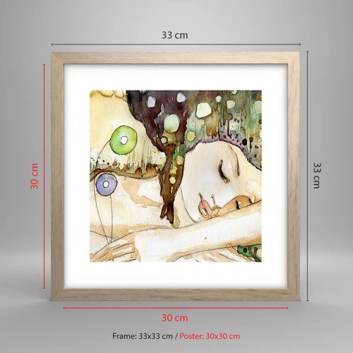Plakat i ramme af lyst egetræ - Smaragd-violet drøm - 30x30 cm