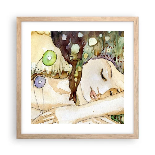 Plakat i ramme af lyst egetræ - Smaragd-violet drøm - 40x40 cm