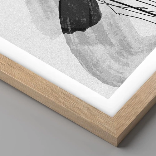 Plakat i ramme af lyst egetræ - Sort og hvid organisk abstraktion - 40x40 cm