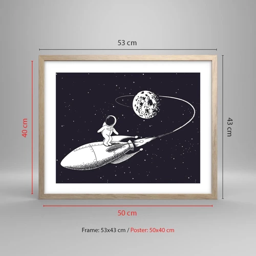 Plakat i ramme af lyst egetræ - Space surfer - 50x40 cm