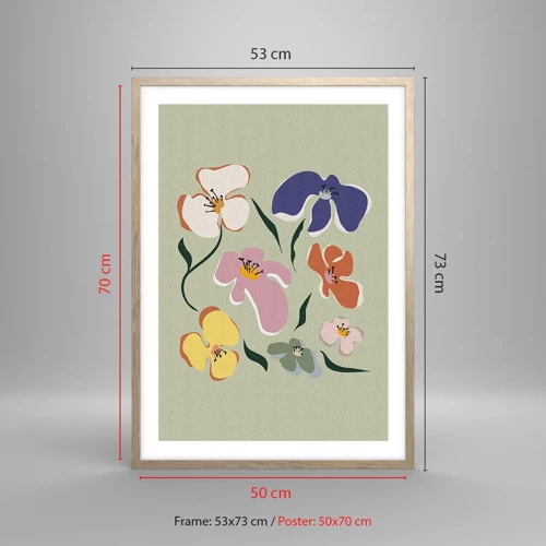 Plakat i ramme af lyst egetræ - Stedmoderblomster med et twist - 50x70 cm