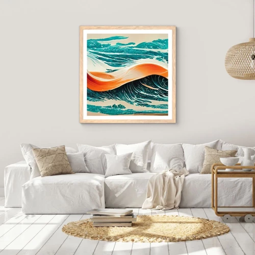 Plakat i ramme af lyst egetræ - Surferens drøm - 40x40 cm