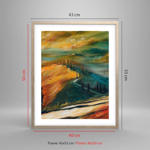 Plakat i ramme af lyst egetræ - Toscansk landskab - 40x50 cm