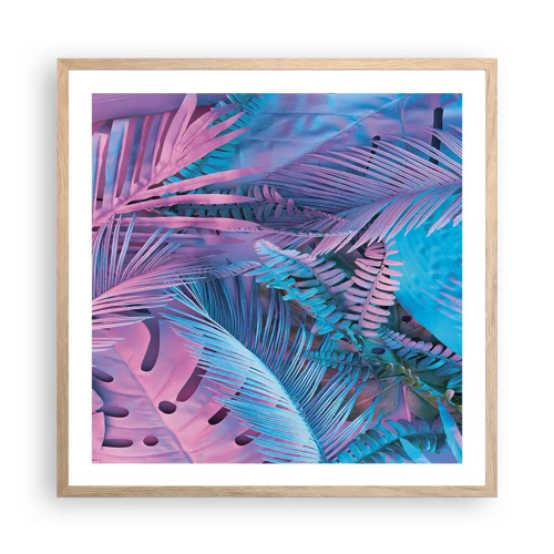 Plakat i ramme af lyst egetræ - Troperne i lyserød og blå - 60x60 cm