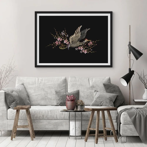 Plakat i sort ramme - Eksotisk broderet fugl - 70x50 cm