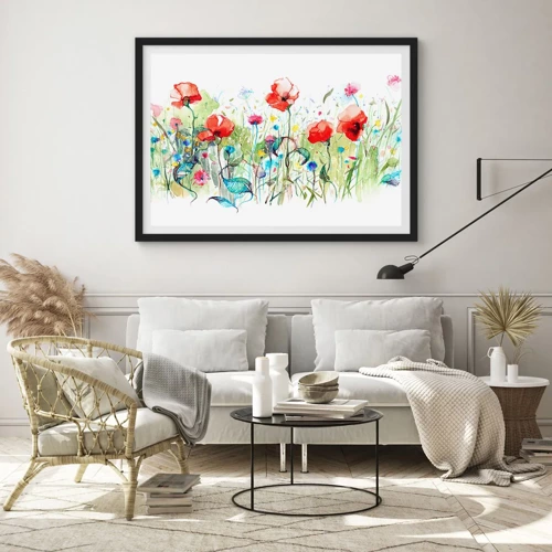 Plakat i sort ramme - En blomstrende eng i maj - 70x50 cm