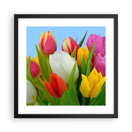 Plakat i sort ramme - En blomstret regnbue i dugdråber - 40x40 cm