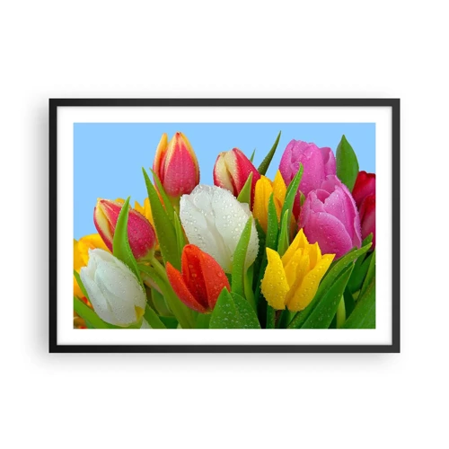 Plakat i sort ramme - En blomstret regnbue i dugdråber - 70x50 cm