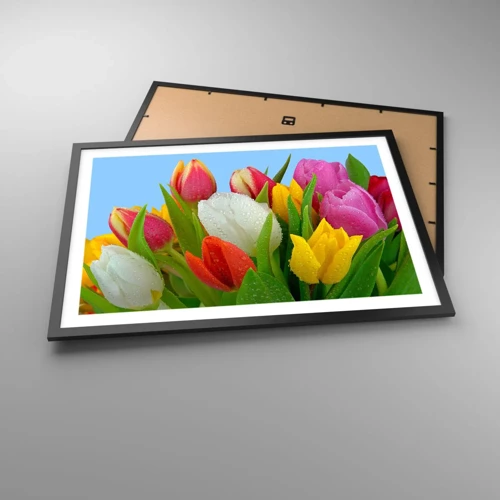 Plakat i sort ramme - En blomstret regnbue i dugdråber - 70x50 cm