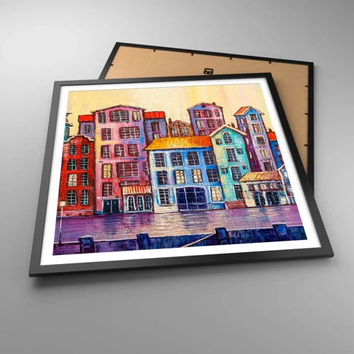 Plakat i sort ramme - En by som et eventyr - 60x60 cm