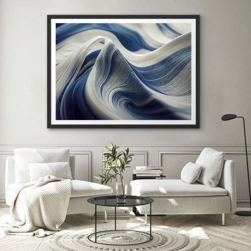 Plakat i sort ramme - Flydende blå og hvide farver - 70x50 cm