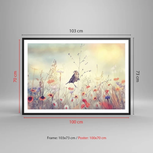 Plakat i sort ramme - Fugleportræt med en eng i baggrunden - 100x70 cm