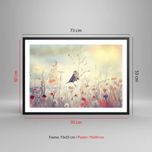 Plakat i sort ramme - Fugleportræt med en eng i baggrunden - 70x50 cm