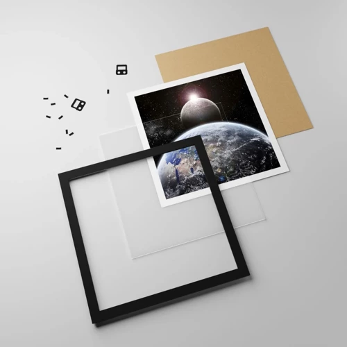 Plakat i sort ramme - Kosmisk landskab - solopgang - 40x40 cm
