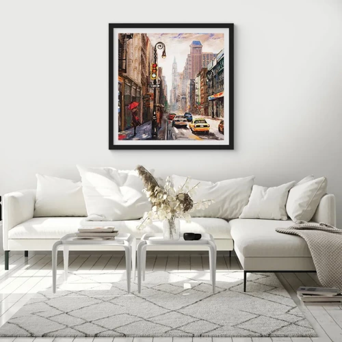 Plakat i sort ramme - New York - også farverig i regnvejr - 60x60 cm