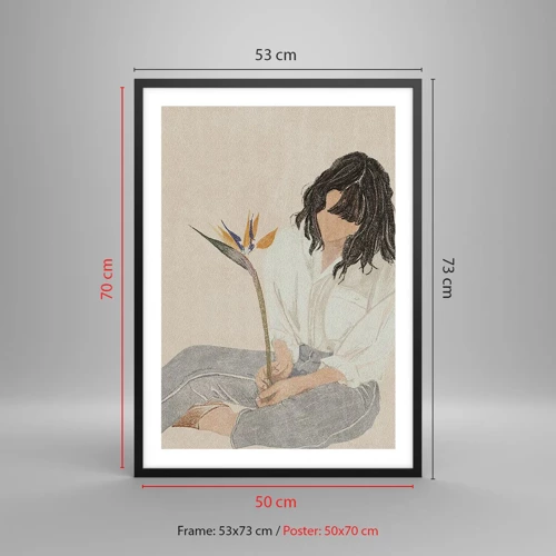 Plakat i sort ramme - Portræt med en eksotisk blomst - 50x70 cm