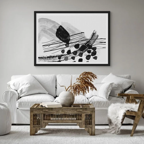 Plakat i sort ramme - Sort og hvid organisk abstraktion - 100x70 cm