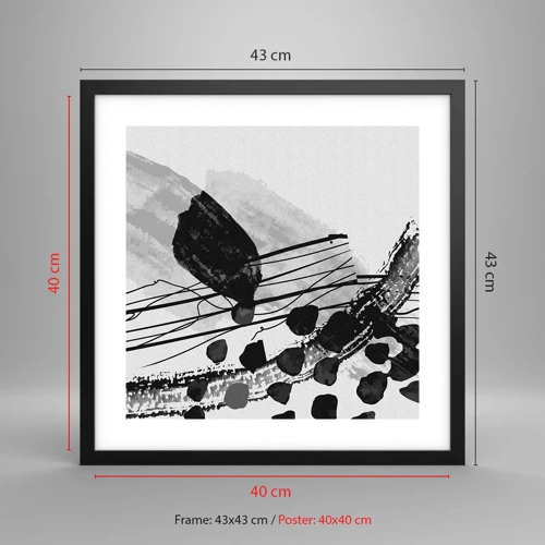 Plakat i sort ramme - Sort og hvid organisk abstraktion - 40x40 cm