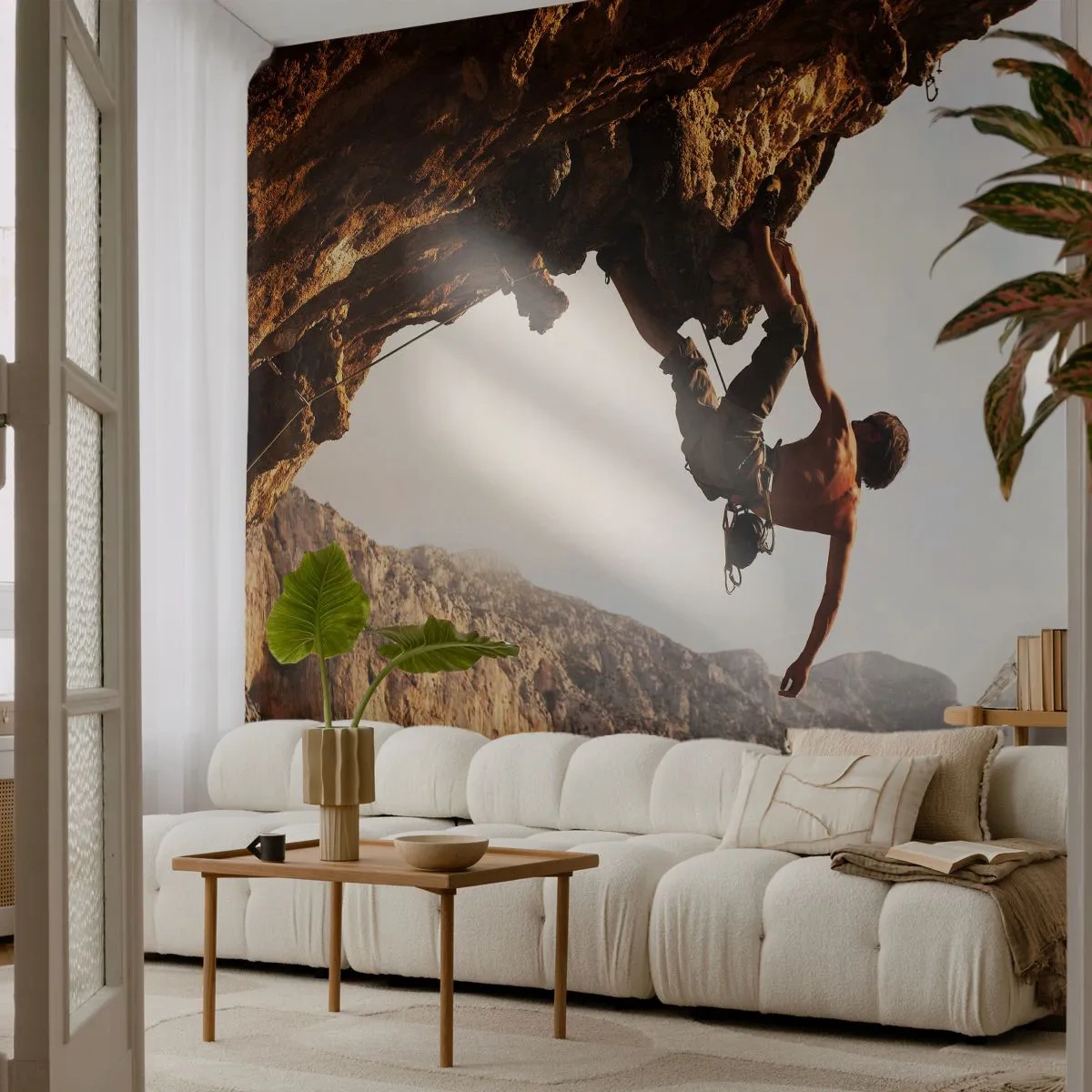 Fototapet Premium Canvas - Verden skrumpede ind i en håndfuld på en klippeskrænt - Kalymnos ø, Bjergbestigning, Landskab - 500x350 cm