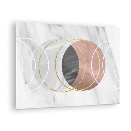 Billede på glas - Geometriske cirkler i nuancer af kobber, guld og marmor - 70x50cm - Sfærernes musik - Moderne vægdekoration til stue og soveværelse ARTTOR