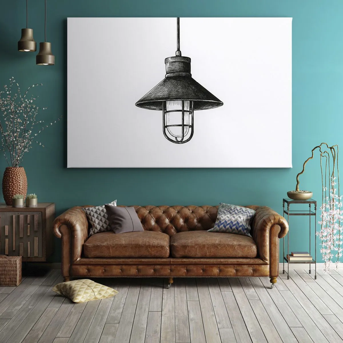 Lærredstryk - Billede på lærred - Tegning af en retro hængelampe på en hvid baggrund - 70x50cm - Som for mange år siden... - Moderne vægdekoration til stue og soveværelse ARTTOR