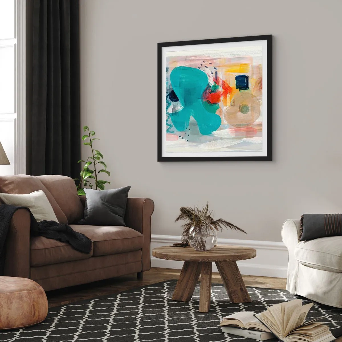 Plakat i sort ramme - Et farverigt spil - 60x60 cm