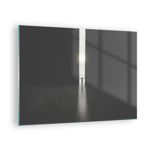 Billede på glas - Silhuet af en mand, der åbner en dør til et klart lys - 70x50cm - Et skridt mod en lys fremtid - Moderne vægdekoration til stue og soveværelse ARTTOR