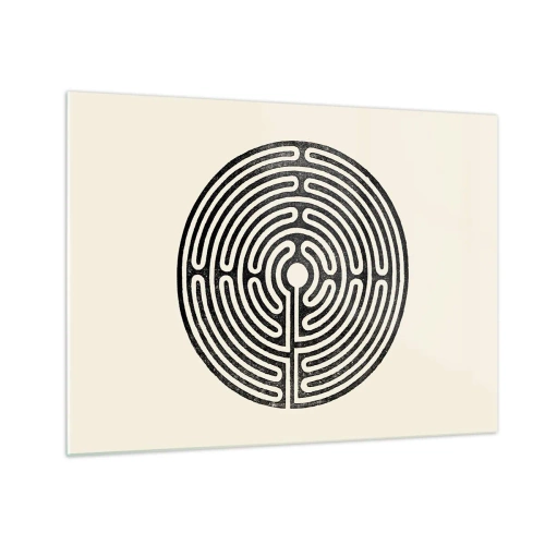 Billede på glas - En sort-hvid labyrint i en cirkulær form på en lys baggrund. - 70x50cm - Mystisk orden - Moderne vægdekoration til stue og soveværelse ARTTOR