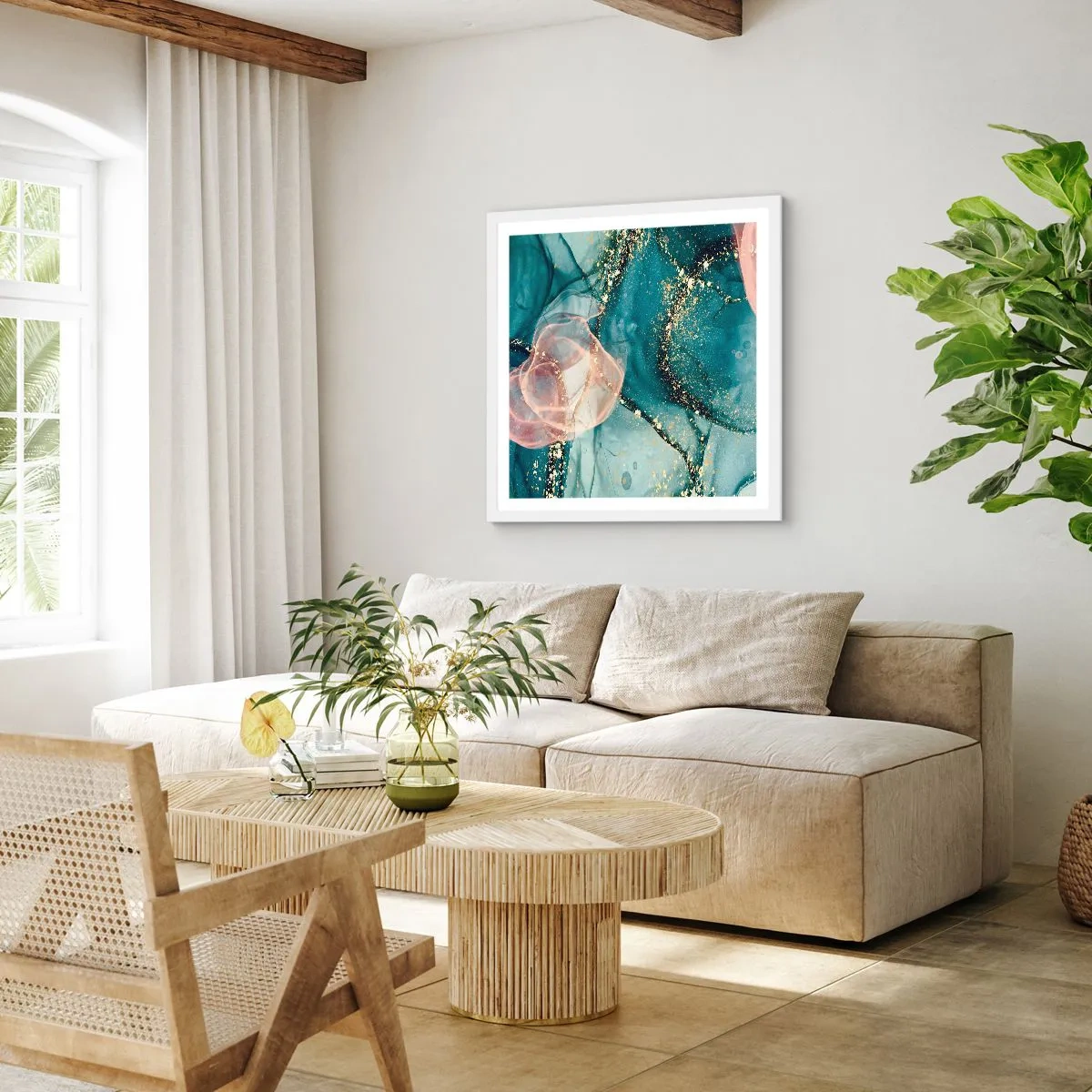 Plakat i hvid ramme - Silkeblå, tyl lyserød - 50x50 cm