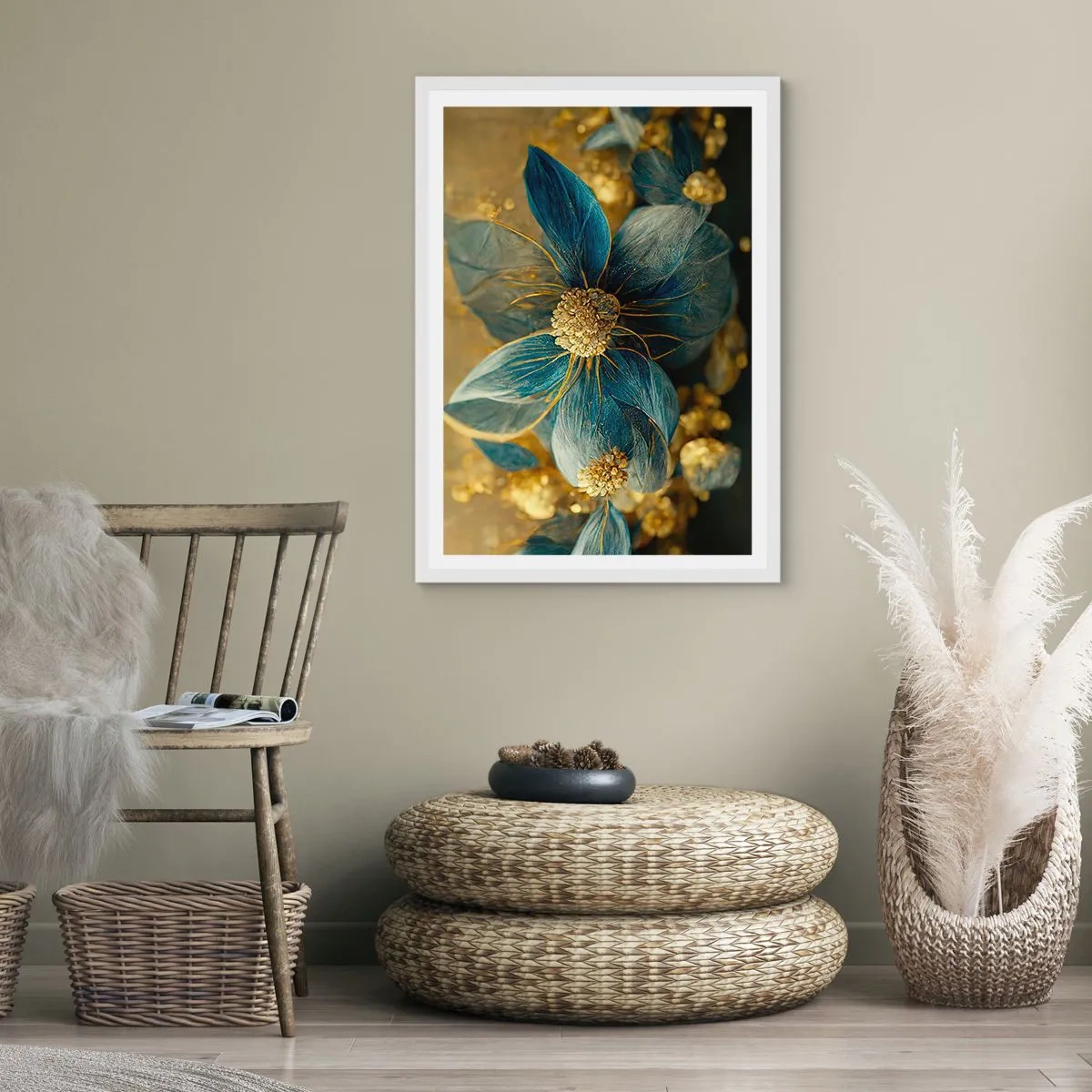Plakat i hvid ramme - Blomstre med guld - 40x50 cm