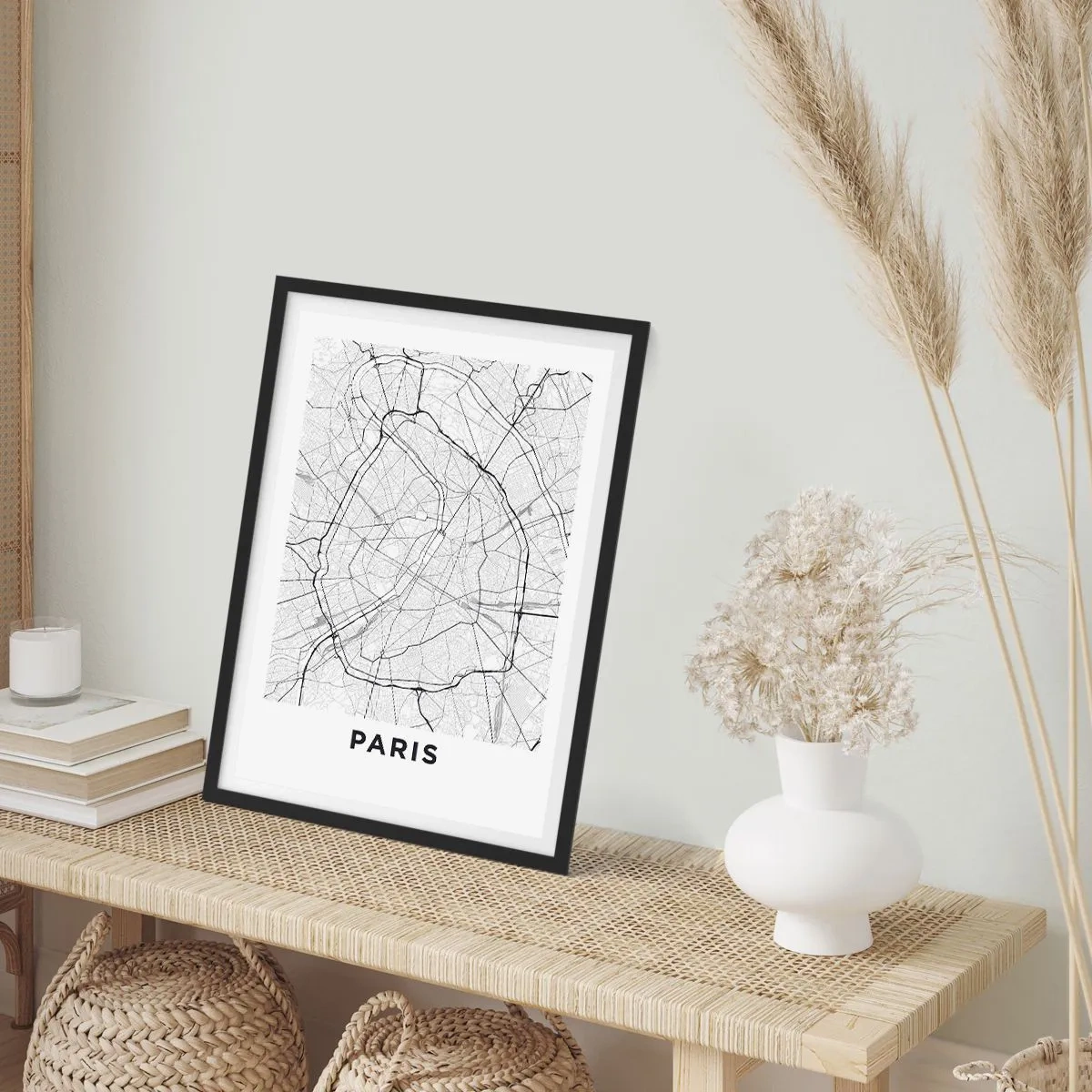 Plakat i sort ramme - Et kort over Paris i minimalistisk sort-hvid stil. - 50x70cm - Paris' blomst - Moderne vægdekoration til stue og soveværelse ARTTOR