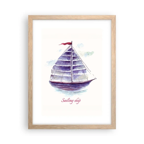 Plakat i ramme af lyst egetræ - Fulde sejl og roligt vand - 30x40 cm
