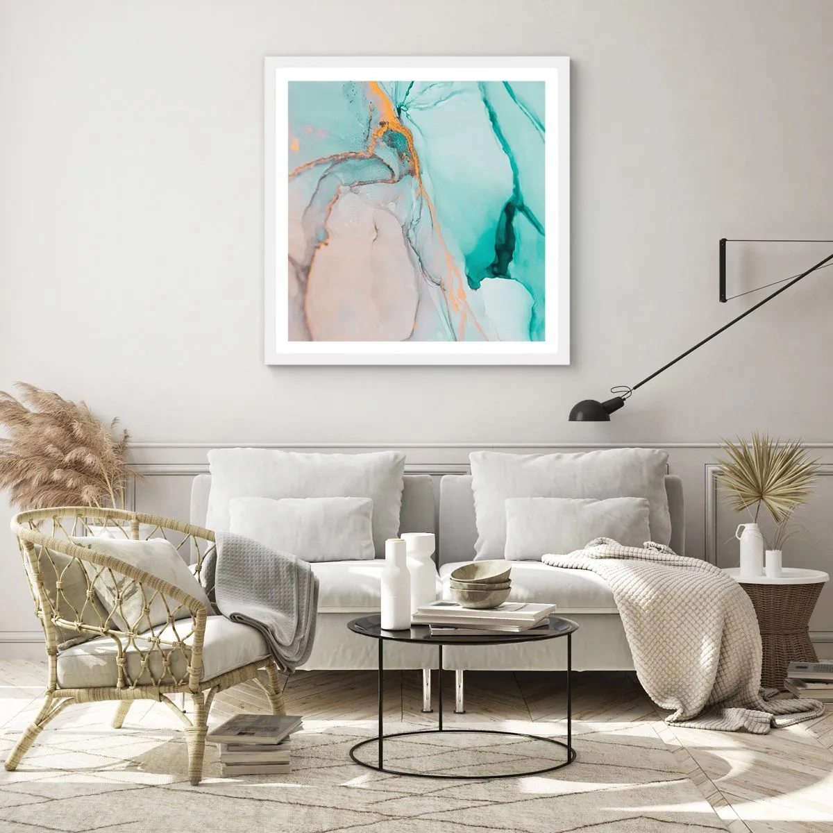 Plakat i hvid ramme - Dans af former og farver - 50x50 cm