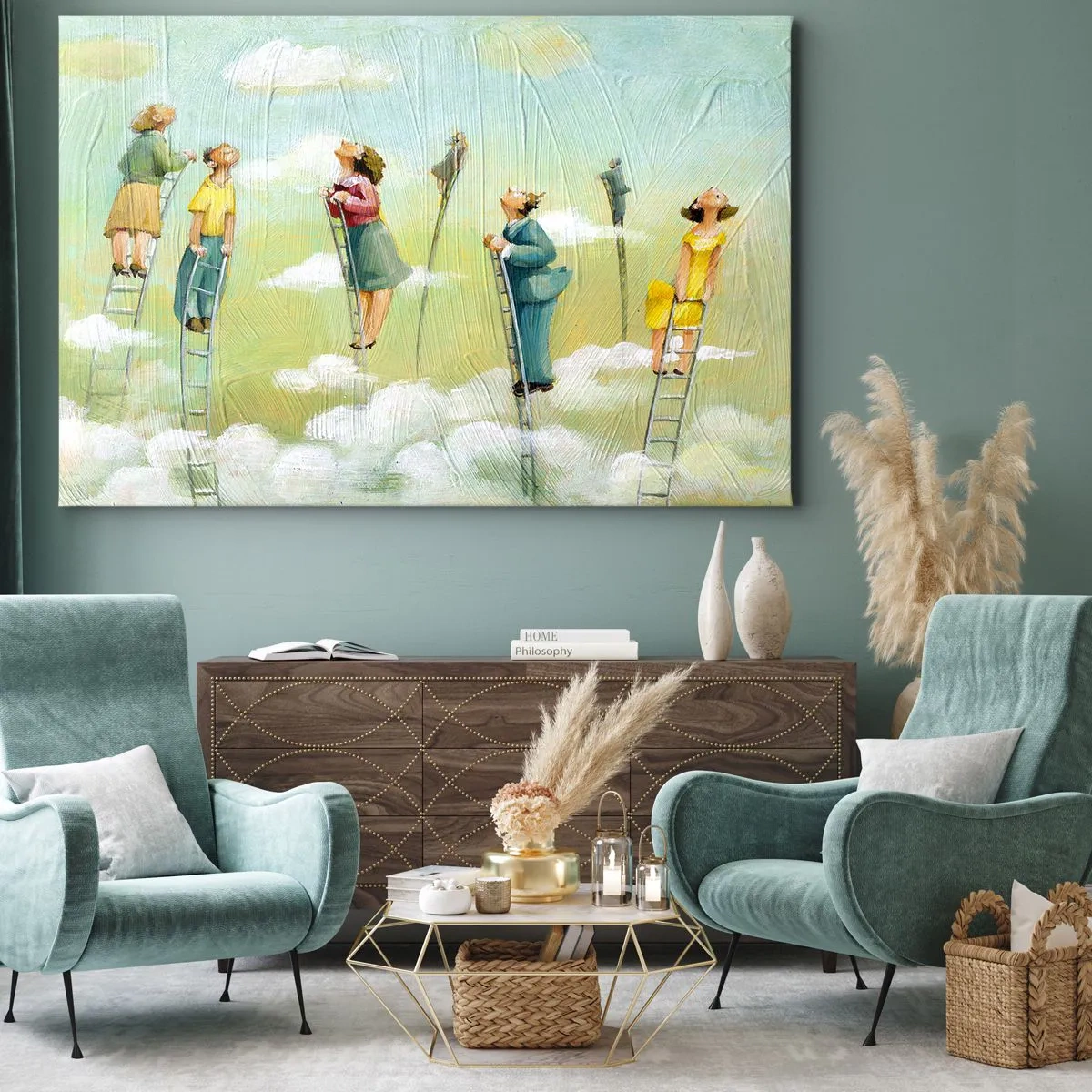 Lærredstryk - Billede på lærred - Figurer, der klatrer op ad stiger blandt skyer på en pastelbaggrund. - 70x50cm - Bag din drøm - Moderne vægdekoration til stue og soveværelse ARTTOR
