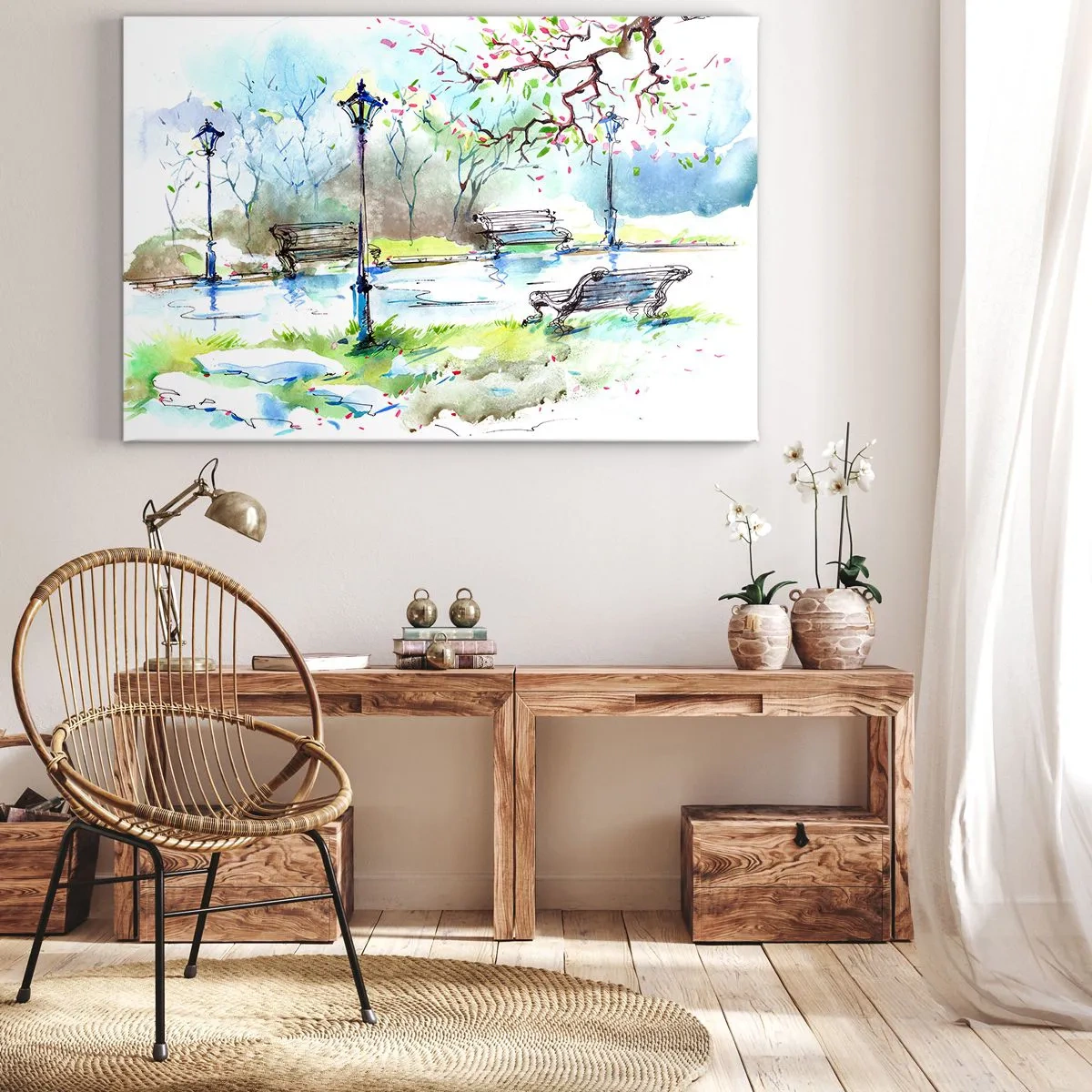 Lærredstryk - Billede på lærred - Akvarel parkscene med bænke og lamper - 70x50cm - Den magiske stilhed i parken - Moderne vægdekoration til stue og soveværelse ARTTOR