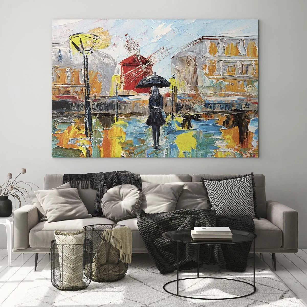 Billede på glas - En kvinde med en paraply mod en bybaggrund i impressionistisk stil - 70x50cm - Parisiske legender - Moderne vægdekoration til stue og soveværelse ARTTOR