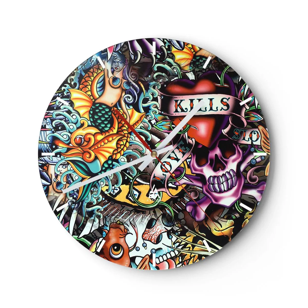 Vægur, Uret - Farverigt tatoveringsmotiv med kranium, havfrue og hjerte - 30x30cm - En tatovørers drøm - Moderne vægdekoration til stue, køkken og soveværelse ARTTOR