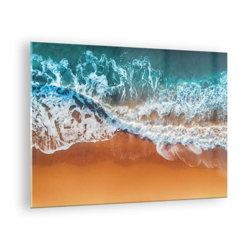 Billede på glas - Fugleperspektiv af havbølger, der slår mod kysten - 70x50cm - Altid i tandem - Moderne vægdekoration til stue og soveværelse ARTTOR
