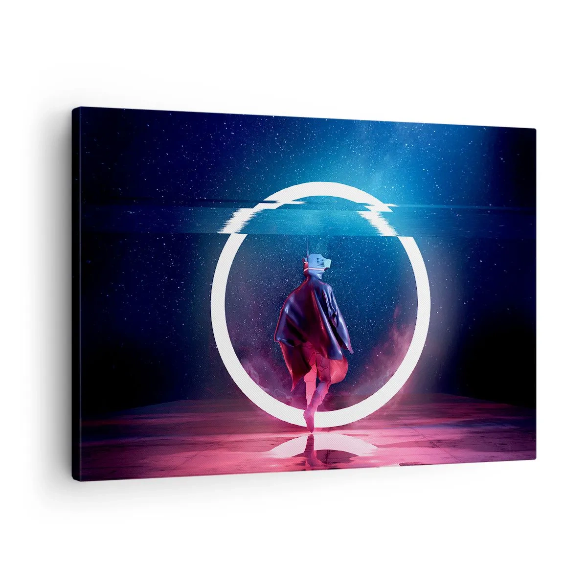 Lærredstryk - Billede på lærred - En figur i et futuristisk miljø med en neoncirkel - 70x50cm - Mellem verdener - Moderne vægdekoration til stue og soveværelse ARTTOR