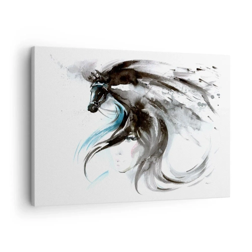 Lærredstryk - Billede på lærred - En kvinde og en hest i en mystisk akvarel fuld af dynamik - 70x50cm - Den sorte prins' galop - Moderne vægdekoration til stue og soveværelse ARTTOR