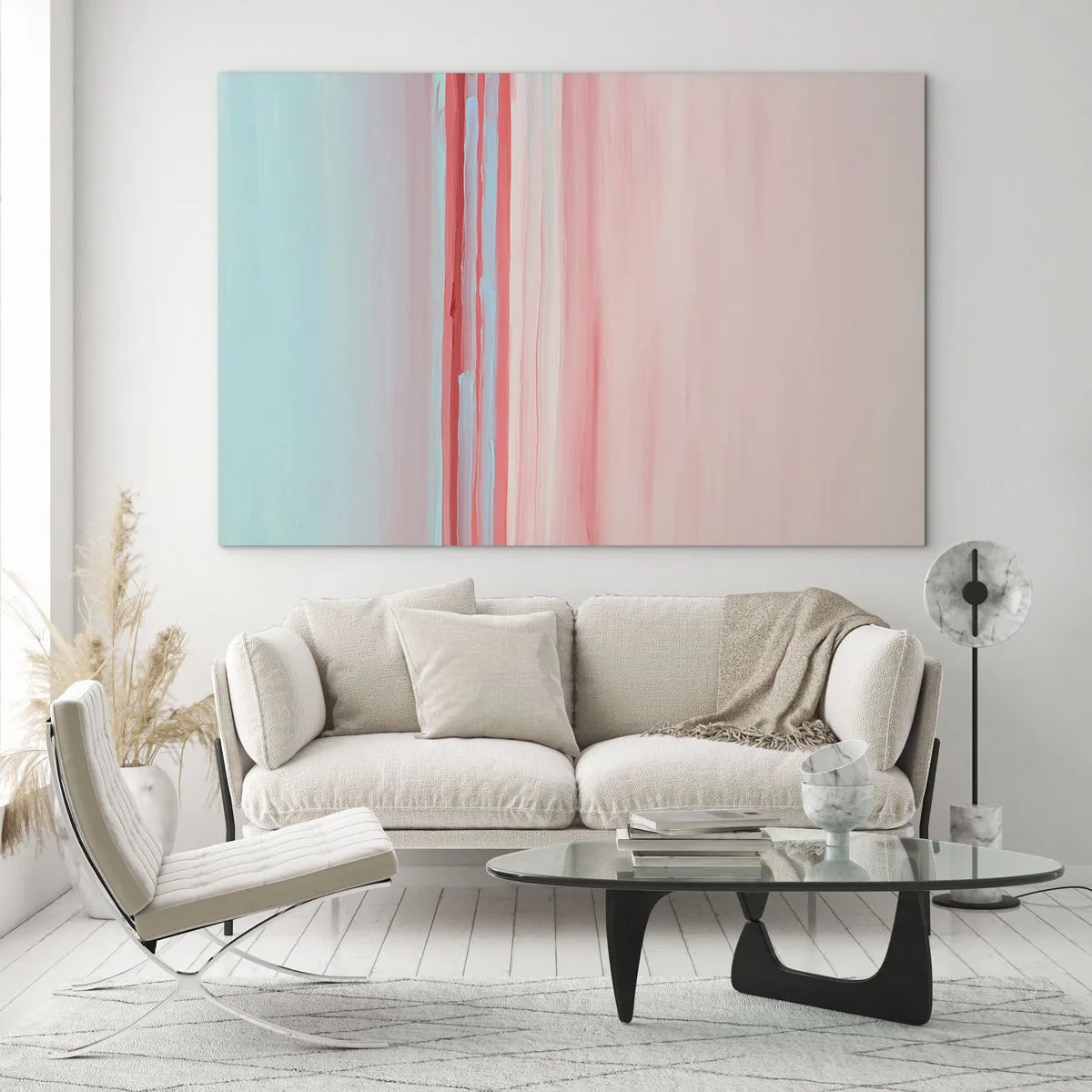 Billede på glas - Lodrette striber i pastelfarver af pink og blå - 70x50cm - Abstraktion ved daggry - Moderne vægdekoration til stue og soveværelse ARTTOR
