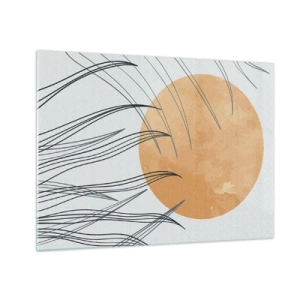 Billede på glas - Orange sol med dynamiske linjer på en lys baggrund - 70x50cm - Altid mod solen - Moderne vægdekoration til stue og soveværelse ARTTOR