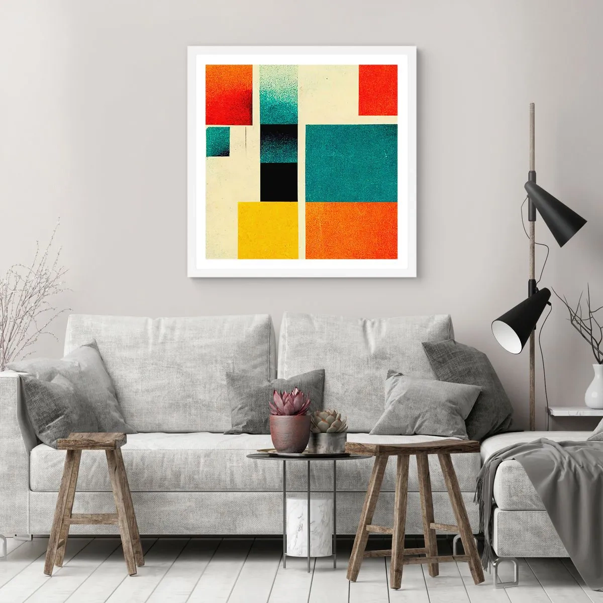 Plakat i hvid ramme - Geometrisk abstraktion - god energi - 60x60 cm